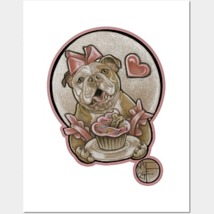 Bulldog Cutie & Cupcake - Pink Outlined Version Posters and Art